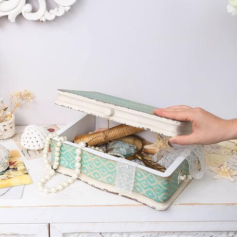 NIKKY HOME Large Wooden Keepsake Box with Hinged Lid, Hand-Painted Vintage Decorative Memory Storage Stash Box Christmas Gift, 13 x 9.1 x 4.9 Inches, Pale Blue and Ivory in Saudi Arabia