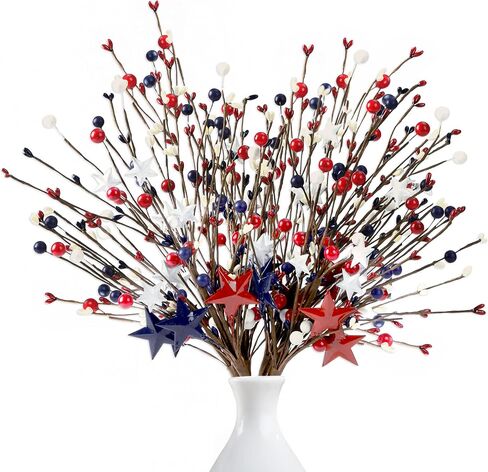 Sggvecsy 6 Pack 15.7’’ Artificial Berry Stem Picks Patriotic Pip Berry Stems Red White Blue Stars Floral Berry Spray Picks for 4th of July Independence Day Memorial Day Wedding Home Party Decoration in Saudi Arabia