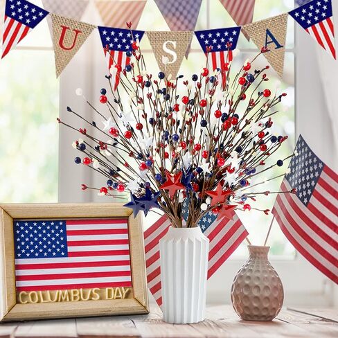 Sggvecsy 6 Pack 15.7’’ Artificial Berry Stem Picks Patriotic Pip Berry Stems Red White Blue Stars Floral Berry Spray Picks for 4th of July Independence Day Memorial Day Wedding Home Party Decoration in Saudi Arabia