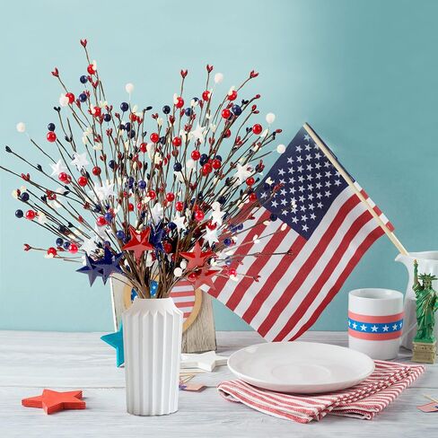 Sggvecsy 6 Pack 15.7’’ Artificial Berry Stem Picks Patriotic Pip Berry Stems Red White Blue Stars Floral Berry Spray Picks for 4th of July Independence Day Memorial Day Wedding Home Party Decoration in Saudi Arabia