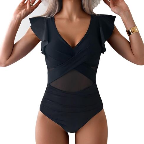 YaShaer Women's One Piece Swimsuit Bathing Suit Retro Ruffled V Neck Bathing Suits Swimwear in Saudi Arabia