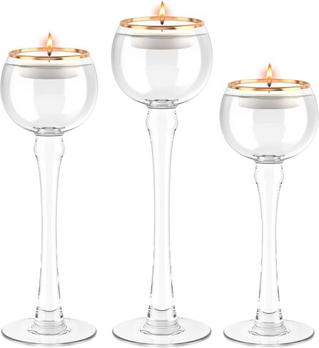 طقم حامل شموع تي لايت مكون من 3 | حاملات شموع نذرية من زجاج الإعصار شفافة بحافة ذهبية | 2 بوصة فتحة × 7 بوصة، 8 بوصة، 9 بوصة طول in Kuwait