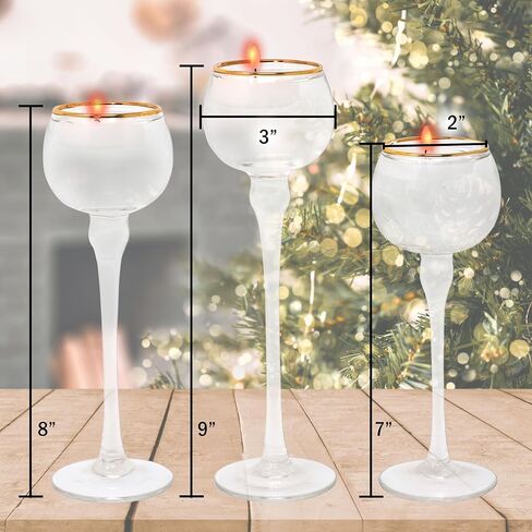 طقم حامل شموع تي لايت مكون من 3 | حاملات شموع نذرية من زجاج الإعصار شفافة بحافة ذهبية | 2 بوصة فتحة × 7 بوصة، 8 بوصة، 9 بوصة طول in Kuwait