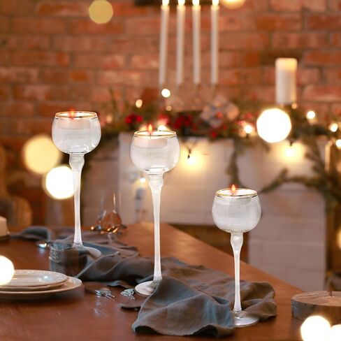 طقم حامل شموع تي لايت مكون من 3 | حاملات شموع نذرية من زجاج الإعصار شفافة بحافة ذهبية | 2 بوصة فتحة × 7 بوصة، 8 بوصة، 9 بوصة طول in Kuwait