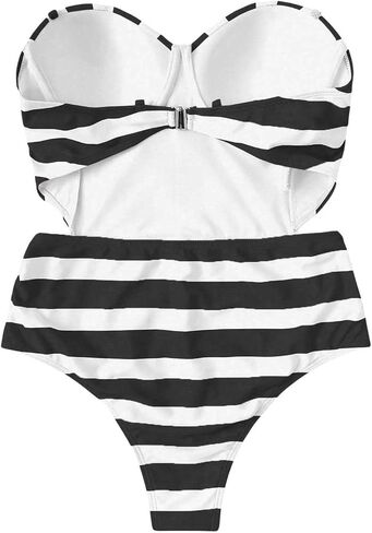 OYOANGLE Women's Striped Print Cut Out Strapless One Piece Swimsuit Push Up Bandeau Bathing Suit in Saudi Arabia