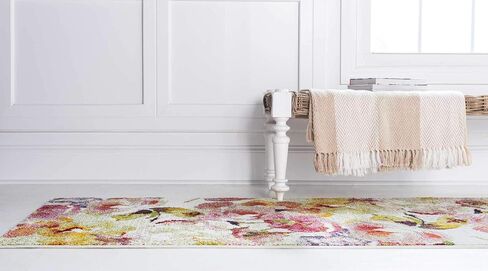سجادة منطقة Loom Lyon الفريدة من نوعها ذات الألوان المائية الحديثة ذات الأزهار، 2 × 6 قدم، عاجي/وردي in Saudi Arabia
