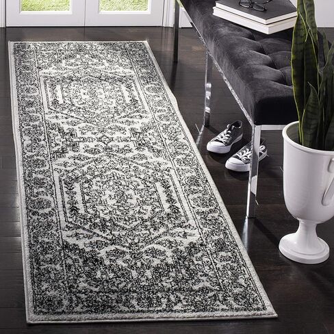 سجادة SAFAVIEH Adirondack Collection - 2'6" x 16'، فضي وأسود، تصميم ميدالية شرقية، لا تتساقط وسهلة العناية، مثالية للمناطق ذات الحركة العالية في غرفة المعيشة وغرفة النوم (ADR108A) in Saudi Arabia