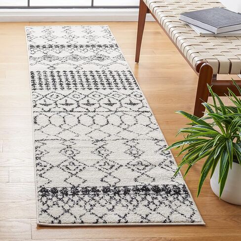 SAFAVIEH Tulum Collection Runner Rug - 2' x 15', Ivory & Black, Moroccan Boho Distressed Design, Non-Shedding & Easy Care, Ideal for High Traffic Areas in Living Room, Bedroom (TUL229B) in Saudi Arabia