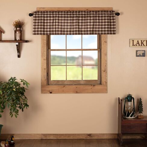 VHC Brands Rustic Kitchen Rory Rod Pocket Cotton Plaid Curtain, Balloon Valance 15x60, Brown in Saudi Arabia