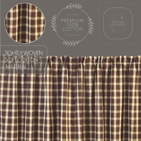 VHC Brands Rustic Kitchen Rory Rod Pocket Cotton Plaid Curtain, Balloon Valance 15x60, Brown in Saudi Arabia