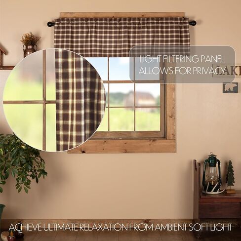 VHC Brands Rustic Kitchen Rory Rod Pocket Cotton Plaid Curtain, Balloon Valance 15x60, Brown in Saudi Arabia