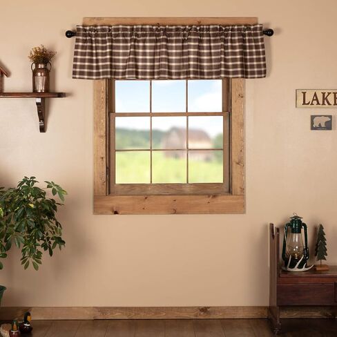 VHC Brands Rustic Kitchen Rory Rod Pocket Cotton Plaid Curtain, Balloon Valance 15x60, Brown in Saudi Arabia