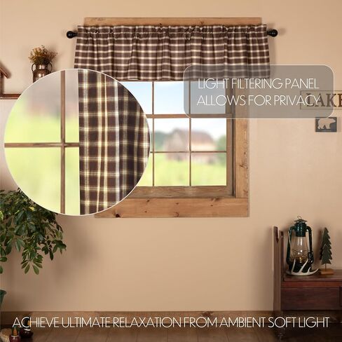 VHC Brands Rustic Kitchen Rory Rod Pocket Cotton Plaid Curtain, Balloon Valance 15x60, Brown in Saudi Arabia
