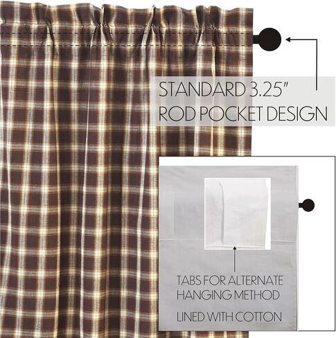 VHC Brands Rustic Kitchen Rory Rod Pocket Cotton Plaid Curtain, Balloon Valance 15x60, Brown in Saudi Arabia