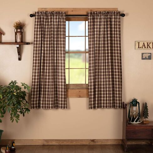 VHC Brands Rustic Kitchen Rory Rod Pocket Cotton Plaid Curtain, Balloon Valance 15x60, Brown in Saudi Arabia