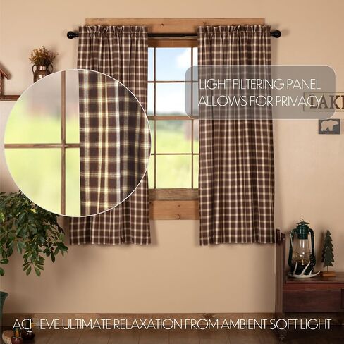 VHC Brands Rustic Kitchen Rory Rod Pocket Cotton Plaid Curtain, Balloon Valance 15x60, Brown in Saudi Arabia
