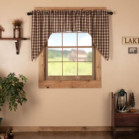 VHC Brands Rustic Kitchen Rory Rod Pocket Cotton Plaid Curtain, Balloon Valance 15x60, Brown in Saudi Arabia