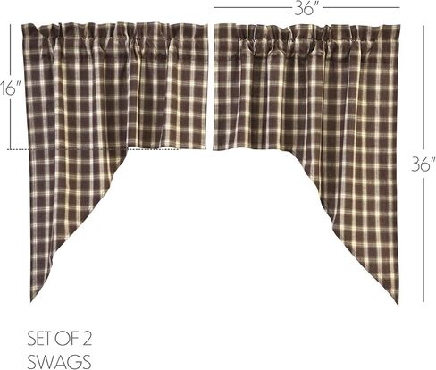 VHC Brands Rustic Kitchen Rory Rod Pocket Cotton Plaid Curtain, Balloon Valance 15x60, Brown in Saudi Arabia