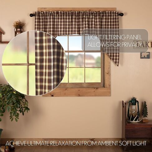 VHC Brands Rustic Kitchen Rory Rod Pocket Cotton Plaid Curtain, Balloon Valance 15x60, Brown in Saudi Arabia