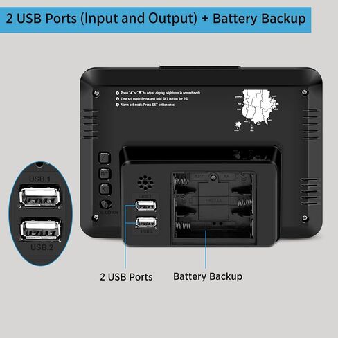 ساعة منبه رقمية ذات شاشة كبيرة مع 8 مناطق زمنية، وصلة ساعة رقمية كهربائية مع شاحن USB، 7 شاشات عرض خافتة، تاريخ اليوم والثواني in Kuwait