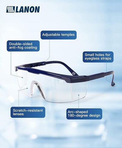 LANON Anti-Fog Safety Goggles with Ajustable Temples, 2.5 Times ANSI Z87.1 Double-sided Antifog, Side Protection, High Transmission, Lightweight & Comfortable Safety Glasses. in Saudi Arabia