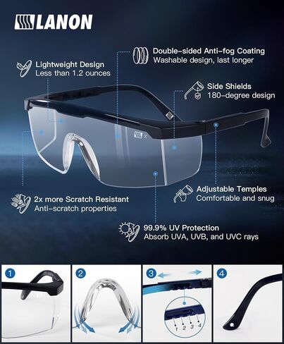 LANON Anti-Fog Safety Goggles with Ajustable Temples, 2.5 Times ANSI Z87.1 Double-sided Antifog, Side Protection, High Transmission, Lightweight & Comfortable Safety Glasses. in Saudi Arabia