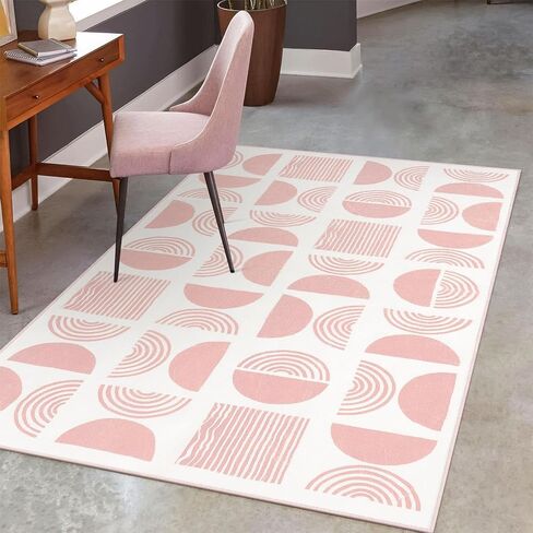 LIVEBOX Washable 3x5 Pink Boho Rug for Entryway Indoor, Non Slip Boho Rug for Girls Bedroom, Soft Mid Century Modern Rug for Dorm Room, Non Shedding Small Rug for Kids Room Kitchen in Saudi Arabia