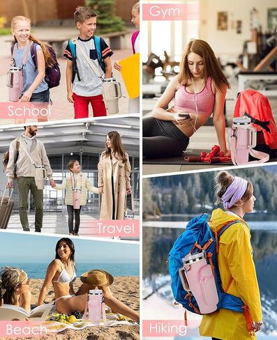 حقيبة حامل زجاجات المياه مع جيب للهاتف لكوب ستانلي 40/30 أونصة، حامل زجاجة مياه بحزام قابل للتعديل مع حقيبة وغطاء من القش لملحقات كأس ستانلي (وردي) in Kuwait