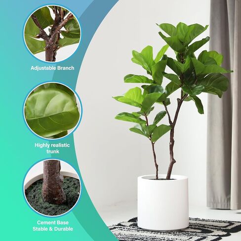 Leaf Fig Tree, Premium Artificial Indoor Plant Stands 4TF Tall, Lifelike-Leaves & Hand Painted Trunk Faux-Fiddle Leaf Fig Tree Appearance, White Planter Pot Included in Saudi Arabia