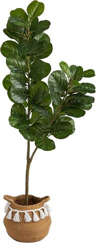 Nearly Natural 4.5ft. Fiddle Leaf Fig Artificial Tree with Boho Chic Handmade Natural Cotton Woven Planter with Tassels in Saudi Arabia