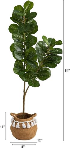 Nearly Natural 4.5ft. Fiddle Leaf Fig Artificial Tree with Boho Chic Handmade Natural Cotton Woven Planter with Tassels in Saudi Arabia