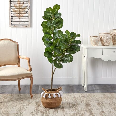 Nearly Natural 4.5ft. Fiddle Leaf Fig Artificial Tree with Boho Chic Handmade Natural Cotton Woven Planter with Tassels in Saudi Arabia