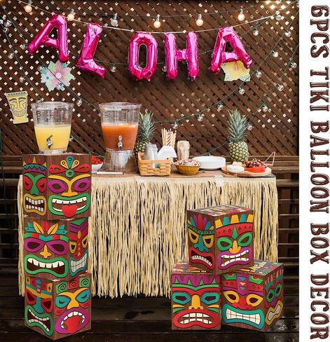 Karenhi 6 Pieces Tiki Column Cardboard Tiki Decor Decorative Totem Pole Tiki Party Decorations Tiki Totem Balloon Boxes for Summer Tropical Hawaiian Luau Party Supplies Table Beach Decoration in Saudi Arabia