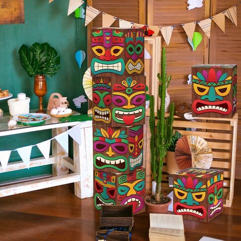 Karenhi 6 Pieces Tiki Column Cardboard Tiki Decor Decorative Totem Pole Tiki Party Decorations Tiki Totem Balloon Boxes for Summer Tropical Hawaiian Luau Party Supplies Table Beach Decoration in Saudi Arabia
