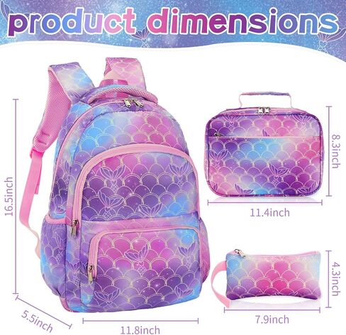 16.5 Inch Mermaid Backpack for Girls Elementary Primary Middle Mermaid Bookbag Girls School Backpack with Lunch Box Pencil Bag Schoolbag Back to School Supplies Gifts Mochilas Escolares Para Niños in Saudi Arabia