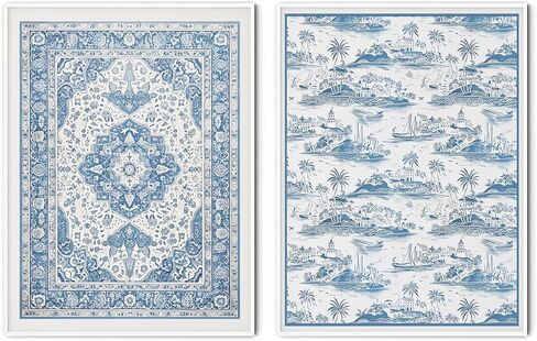 ديكور غرفة الحفيدة الساحلية من يومين، مطبوعات فنية جدارية من الألفية الكبرى، ملصقات شاطئية لغرفة نوم البنات، عمل فني للسجاد باللونين الأزرق والأبيض للمنزل. (12 بوصة × 16 بوصة، مجموعة من 2، غير مؤطرة) in Kuwait