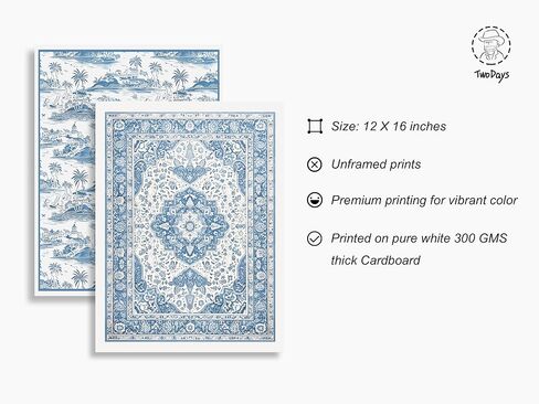 ديكور غرفة الحفيدة الساحلية من يومين، مطبوعات فنية جدارية من الألفية الكبرى، ملصقات شاطئية لغرفة نوم البنات، عمل فني للسجاد باللونين الأزرق والأبيض للمنزل. (12 بوصة × 16 بوصة، مجموعة من 2، غير مؤطرة) in Kuwait