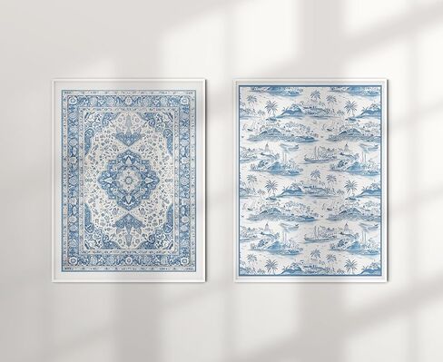 ديكور غرفة الحفيدة الساحلية من يومين، مطبوعات فنية جدارية من الألفية الكبرى، ملصقات شاطئية لغرفة نوم البنات، عمل فني للسجاد باللونين الأزرق والأبيض للمنزل. (12 بوصة × 16 بوصة، مجموعة من 2، غير مؤطرة) in Kuwait