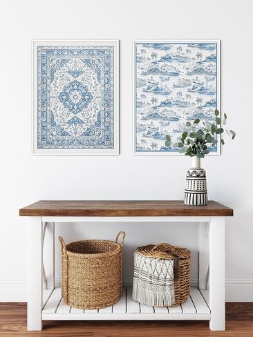 ديكور غرفة الحفيدة الساحلية من يومين، مطبوعات فنية جدارية من الألفية الكبرى، ملصقات شاطئية لغرفة نوم البنات، عمل فني للسجاد باللونين الأزرق والأبيض للمنزل. (12 بوصة × 16 بوصة، مجموعة من 2، غير مؤطرة) in Kuwait