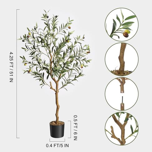 GAOMON Artificial Olive Tree 4.25FT(51in) Tall Faux Silk Olive Trees for Home Office Living Room Decor Indoor Fake Potted Tree with Natural Wood Trunk and Lifelike Fruits in Saudi Arabia