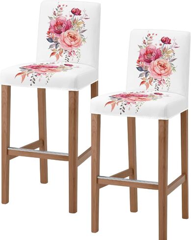 Spring Floral Bar Stool Covers - Stretch Dining Chair Covers Set of 2, Watercolor Pink Flower Summer Botanical Bar Chair Covers Removable Counter Stool Pub Chair Slipcovers Protectors for Kitchen/Cafe in Saudi Arabia