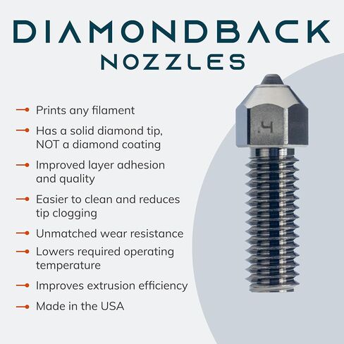 فوهات Diamondback - متوافقة مع K1 وK1 Max وM4 - فوهات طابعة ثلاثية الأبعاد ذات طرف ماسي صلب متعدد البلورات، بثق محسّن، أي خيوط، عمر طويل، مقاومة للاهتراء، طبقة التصاق، صناعة أمريكية (0.4 مم) in Kuwait