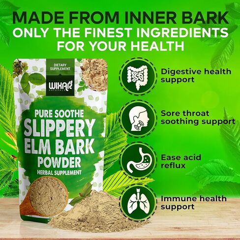 مسحوق لحاء الدردار الزلق من ويكسار - تهدئة صحة الجهاز الهضمي، والتهاب الحلق، والارتجاع الحمضي - مصنوع من اللحاء الداخلي، مزيج طبيعي وخالي من الغلوتين، خالٍ من الكائنات المعدلة وراثيًا، صديق للنباتيين - مسحوق مكمل عشبي - 5 أونصة in Kuwait