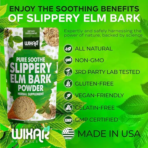 مسحوق لحاء الدردار الزلق من ويكسار - تهدئة صحة الجهاز الهضمي، والتهاب الحلق، والارتجاع الحمضي - مصنوع من اللحاء الداخلي، مزيج طبيعي وخالي من الغلوتين، خالٍ من الكائنات المعدلة وراثيًا، صديق للنباتيين - مسحوق مكمل عشبي - 5 أونصة in Kuwait