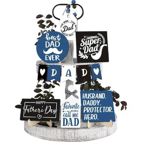 Father's Day Tiered Tray Decor Happy Father's Day Wood Signs Best Dad Ever Tiered Tray with Wooden Bead Garland for Dad Gift Tabletop Decoration