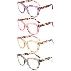 4 Pack Oversized Blue Light Blocking Reading Glasses, Fashion Cat Eye Ladies Computer Readers with Spring Hinge, Anti Glare Eyestrain Eyeglasses for Women +1.5