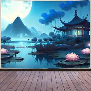 Aidatain اليابانية نسيج الجبل لوتس بركة الطبيعة المناظر الطبيعية المفروشات القمر مشهد الليل الآسيوية نسيج الجمالية جدار الفن نسيج لغرفة النوم غرفة المعيشة ديكور المنزل (80 "X60") GTHJAT15 in Kuwait
