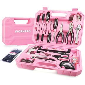 WORKPRO Pink Tool Box, 258PCS Pink Tool Kit for Home, Complete Household Tool Set with Pink Hammer, Screwdriver Set, Portable Toolkit for Home Repair, New Apartment, House-Warming, DIY - Pink Ribbon