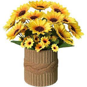 Artificial Sunflowers Table Centerpiece Decoration, Fake Silk Sunflower Plant in 6 Inch Brown Polyresin Pot for Home Décor, Rustic Artificial Flower for Farmhouse Decorative