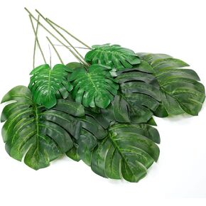 Zeyune 12 Pcs Artificial Palm Leaves with Stems Faux Turtle Leaf UV Resistant Tropical Plants Green Large Fake Dried Monstera Leaf Faux Palm Fronds for Outdoor Kitchen Indoor Wedding